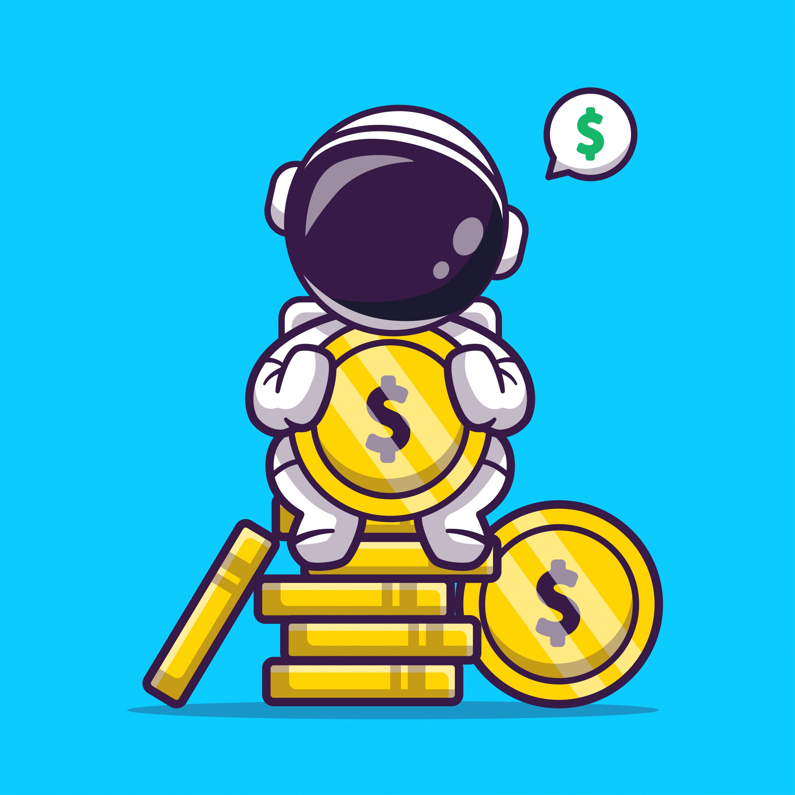 Spaceman in spacesuit with gold dollar coins