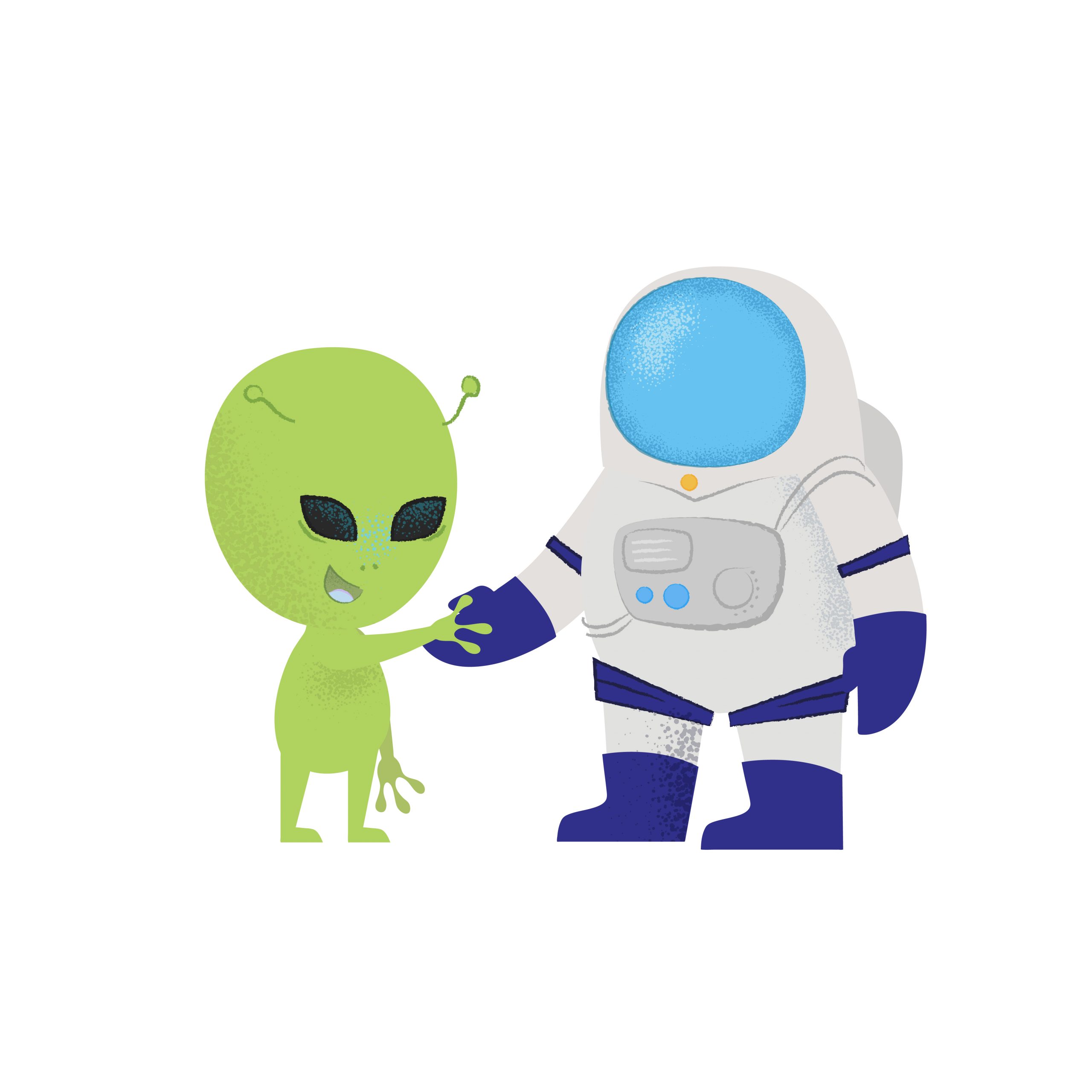 Spaceman meeting alien with kindness
