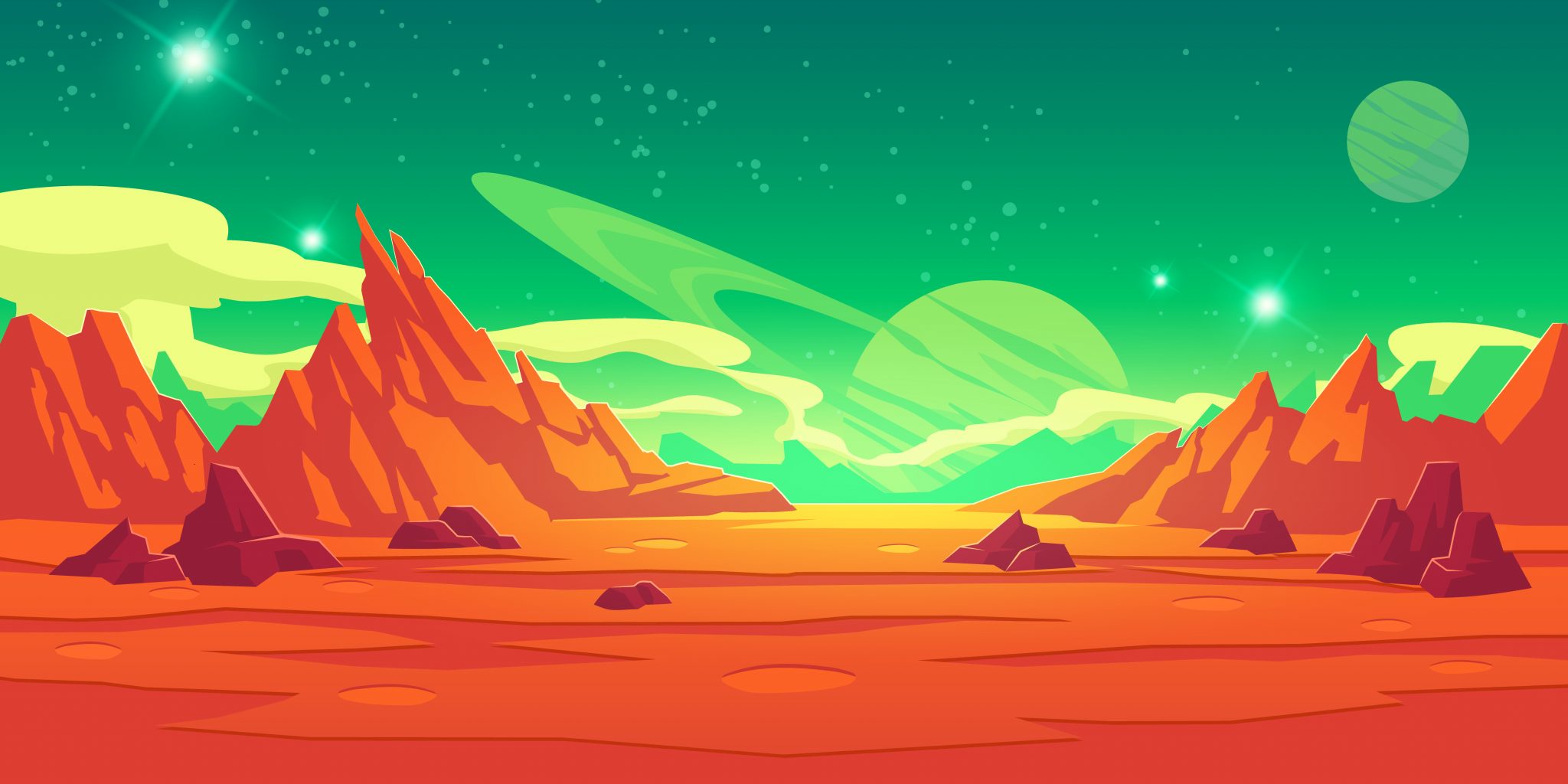 The image is of an off-world vista with a clearly visible ringed planet.